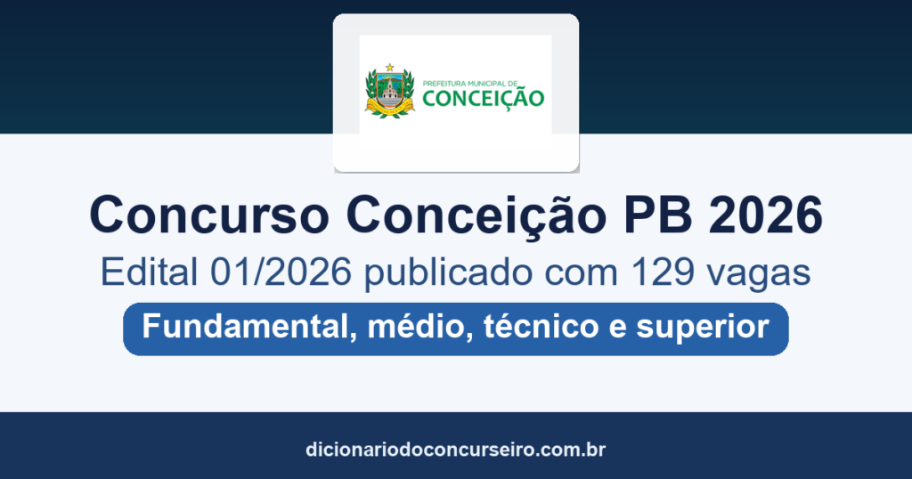 Concurso Prefeitura de Conceicao PB 2026: edital 01/2026 publicado com 129 vagas
