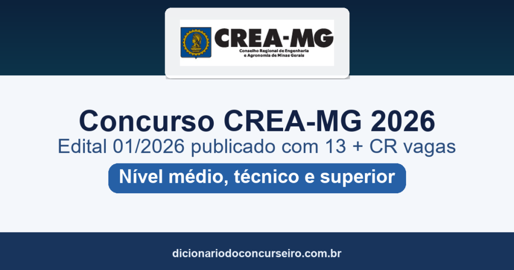 Concurso CREA-MG 2026: edital 01/2026 publicado com 13 vagas + CR e salários até R$ 13.609,13