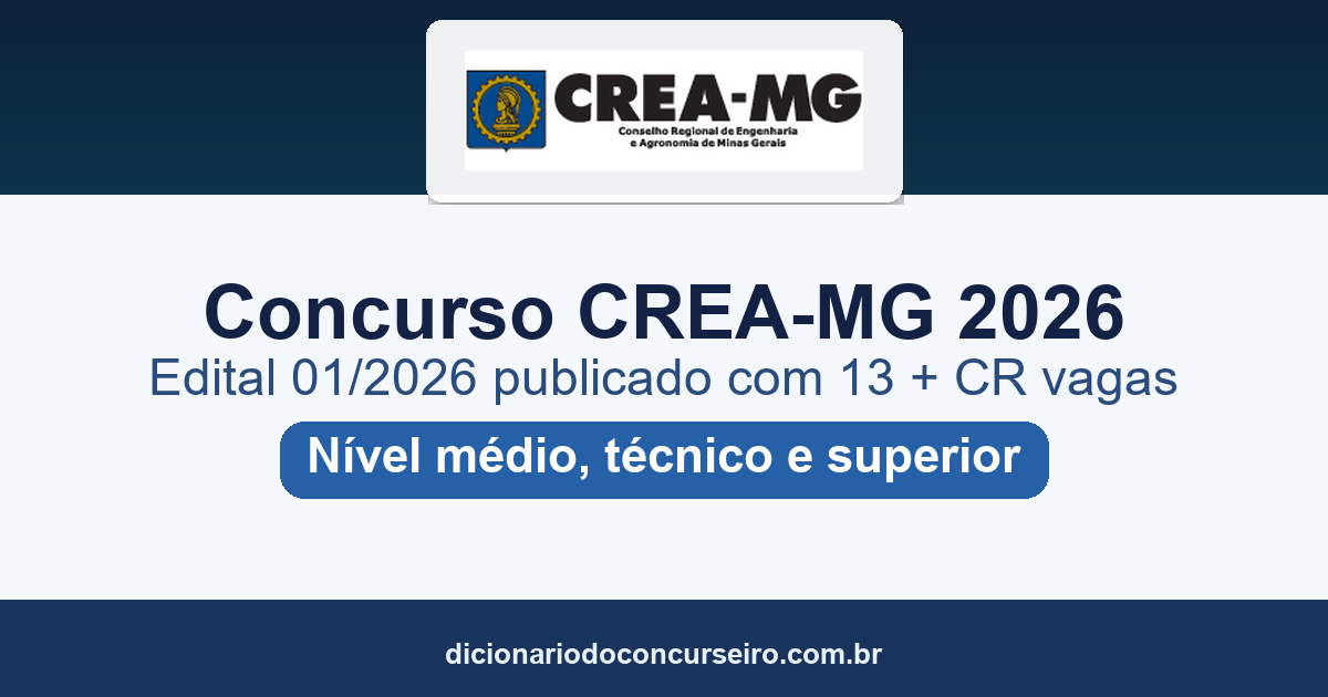 Concurso CREA-MG 2026: edital 01/2026 publicado com 13 vagas + CR e salários até R$ 13.609,13