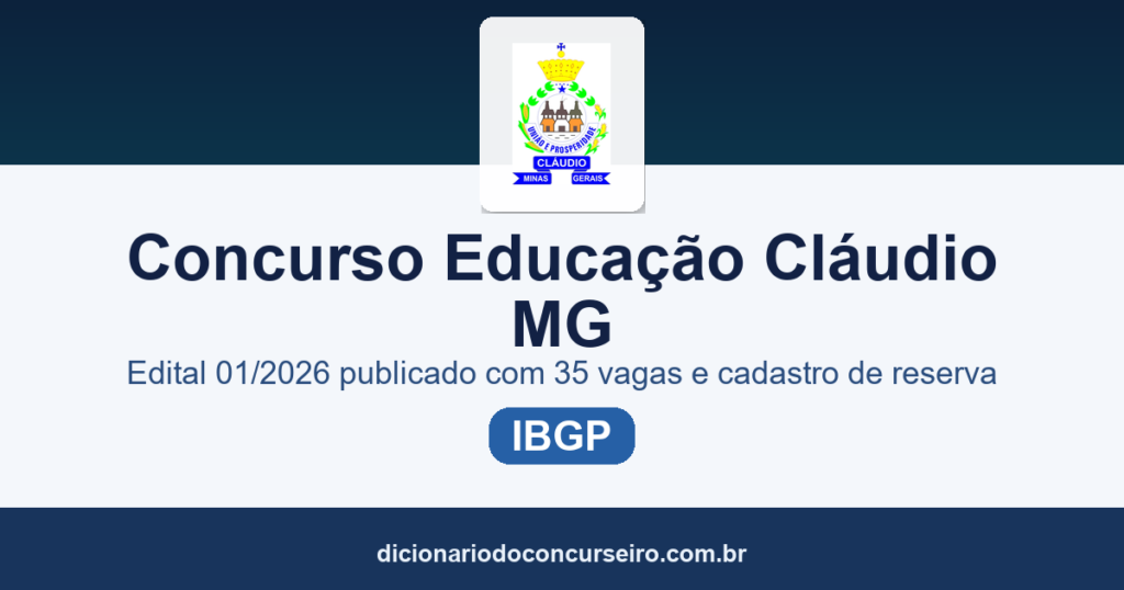 Concurso Educação Cláudio/MG 2026: edital 01/2026 publicado com 35 vagas e cadastro de reserva