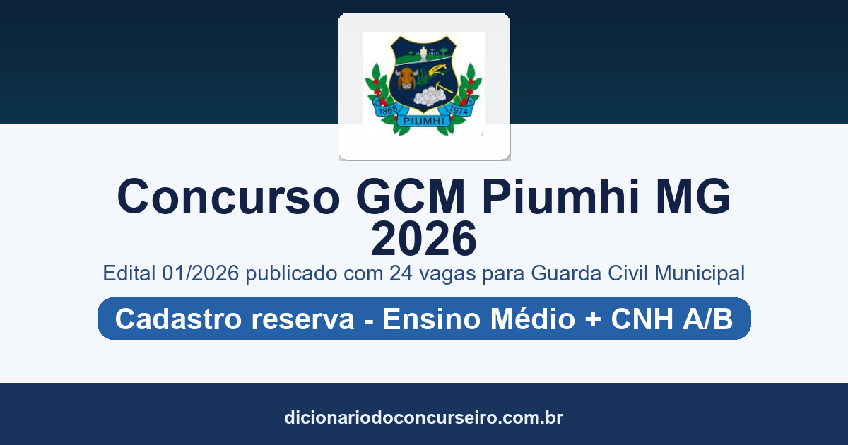 Concurso GCM Piumhi MG 2026: edital 01/2026 publicado com 24 vagas para Guarda Civil Municipal