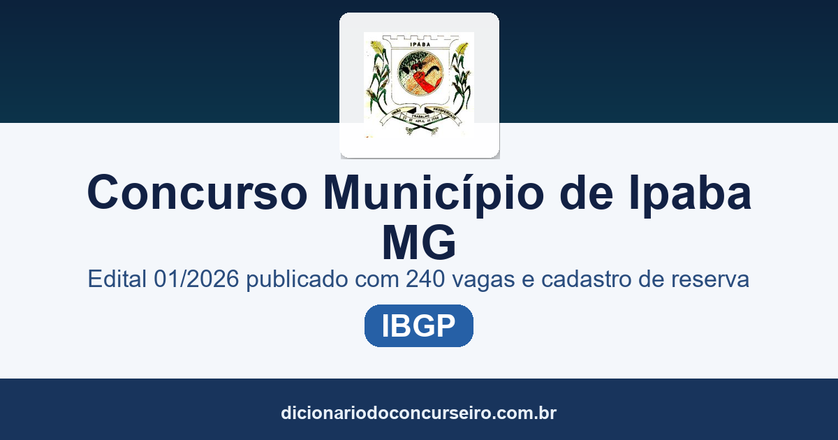 Concurso Município de Ipaba/MG 2026: edital 01/2026 publicado com 240 vagas e cadastro de reserva