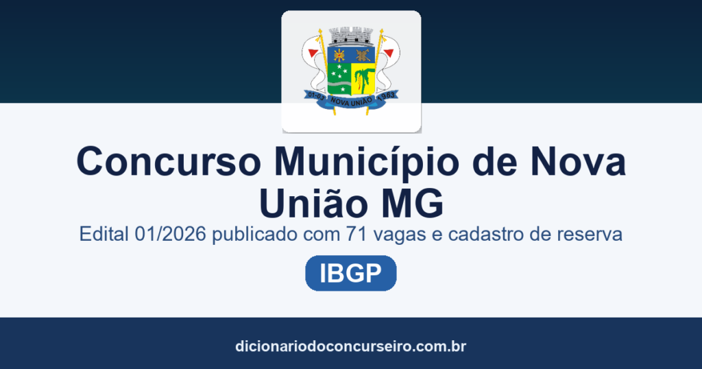 Concurso Município de Nova União/MG 2026: edital 01/2026 publicado com 71 vagas e cadastro de reserva