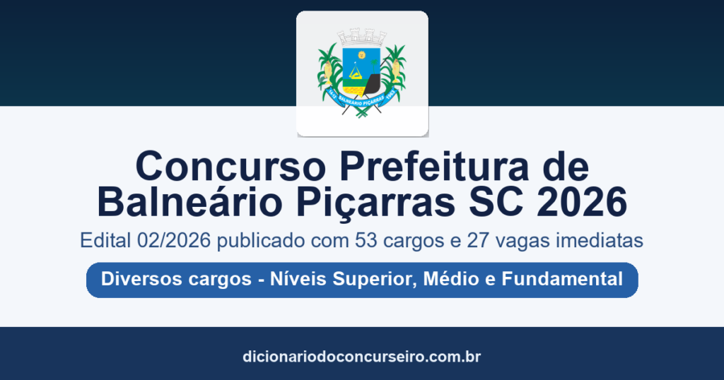 Concurso Prefeitura de Balneário Piçarras SC 2026: edital 02/2026 publicado com 53 cargos e 27 vagas imediatas