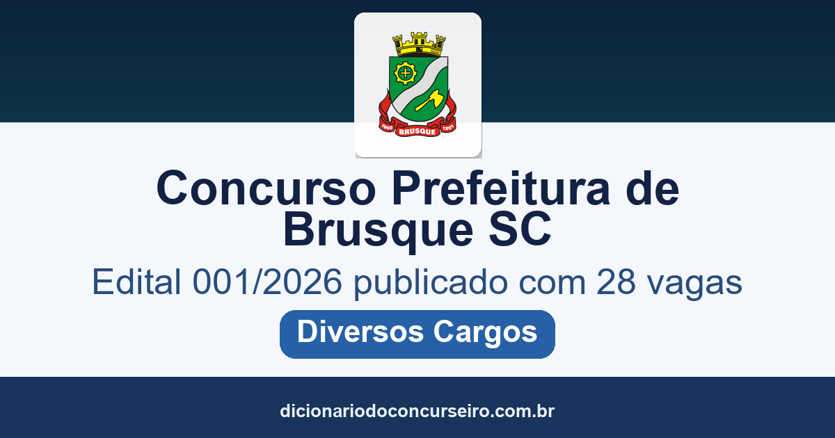 Concurso Prefeitura de Brusque SC 2026: edital 001/2026 publicado com 28 vagas para diversos cargos e cadastro reserva