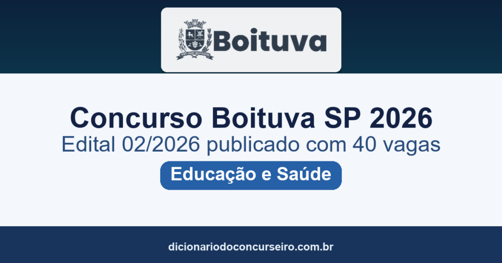 Concurso Prefeitura de Boituva SP 2026: edital 02/2026 publicado com 40 vagas na Educação