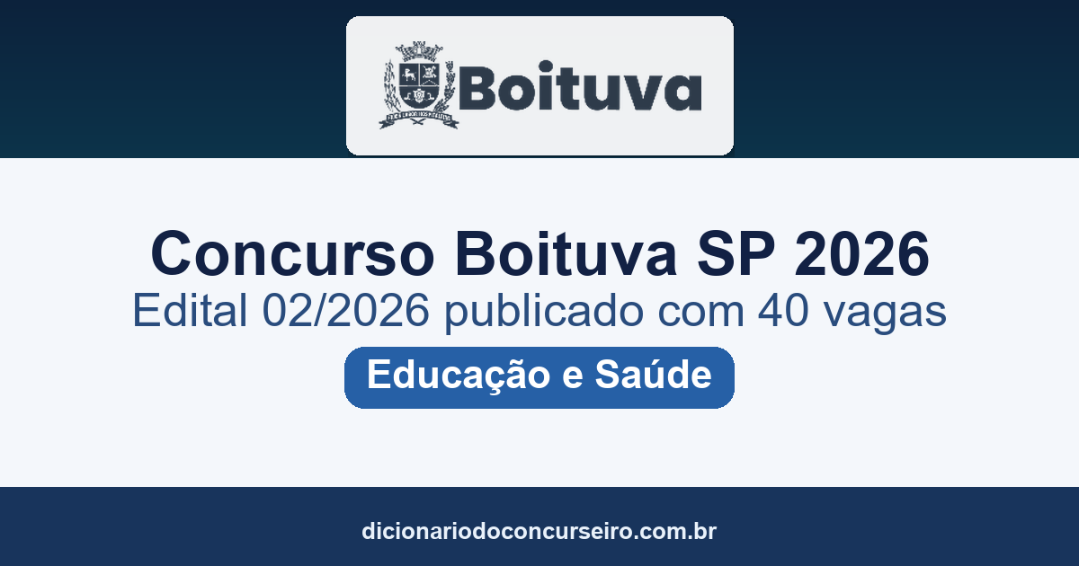 Concurso Prefeitura de Boituva SP 2026: edital 02/2026 publicado com 40 vagas na Educação