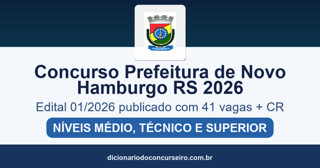 Concurso Prefeitura de Novo Hamburgo RS 2026: edital 01/2026 publicado com 41 vagas e cadastro reserva