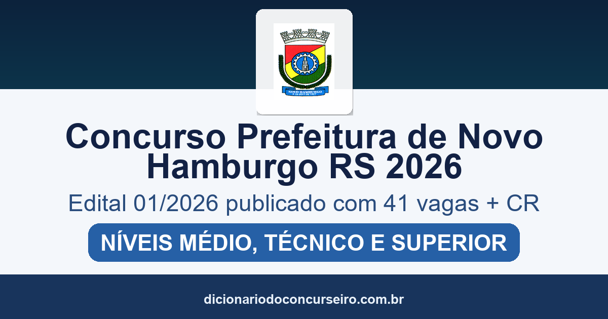 Concurso Prefeitura de Novo Hamburgo RS 2026: edital 01/2026 publicado com 41 vagas e cadastro reserva
