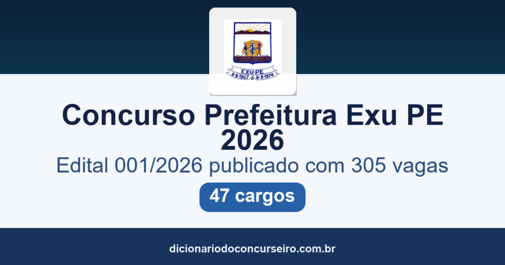 Concurso Prefeitura Exu PE 2026: edital 001/2026 publicado com 305 vagas