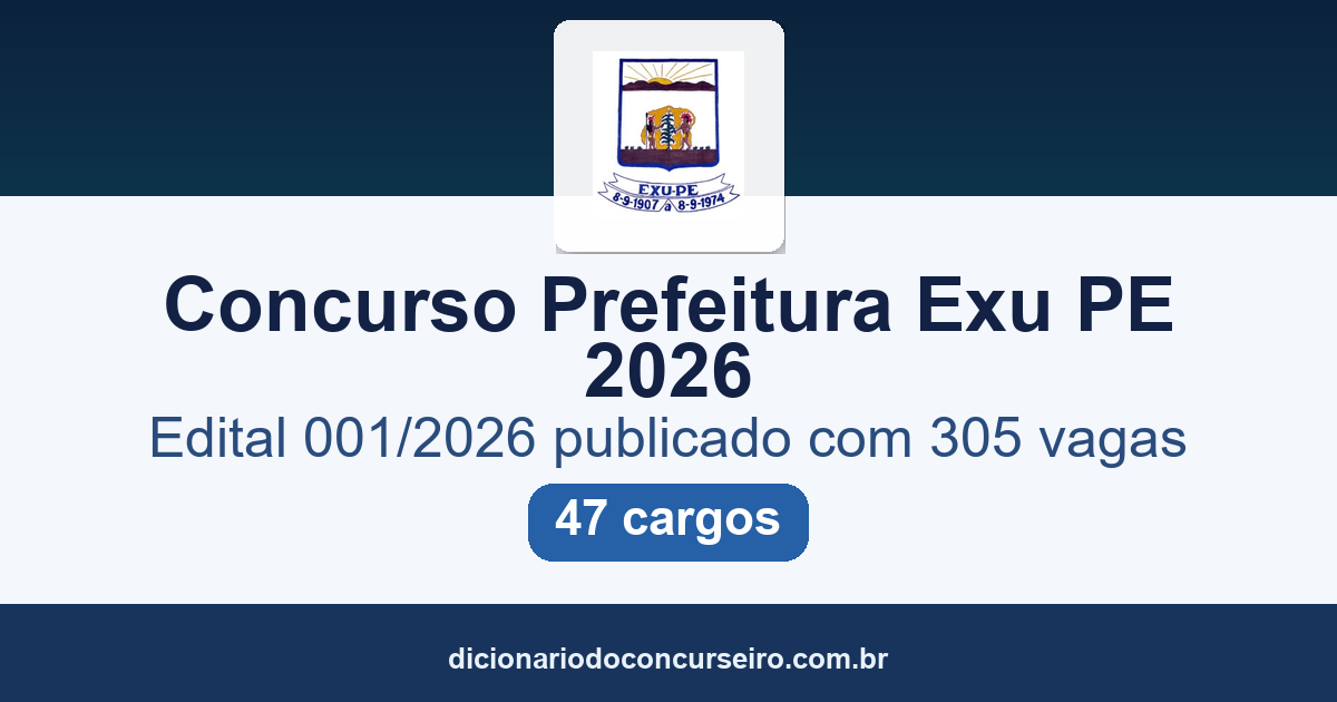 Concurso Prefeitura Exu PE 2026: edital 001/2026 publicado com 305 vagas