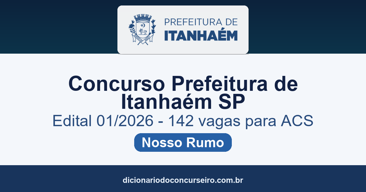 Concurso Prefeitura de Itanhaém SP 2026: edital 01/2026 publicado com 142 vagas para Agente Comunitário de Saúde