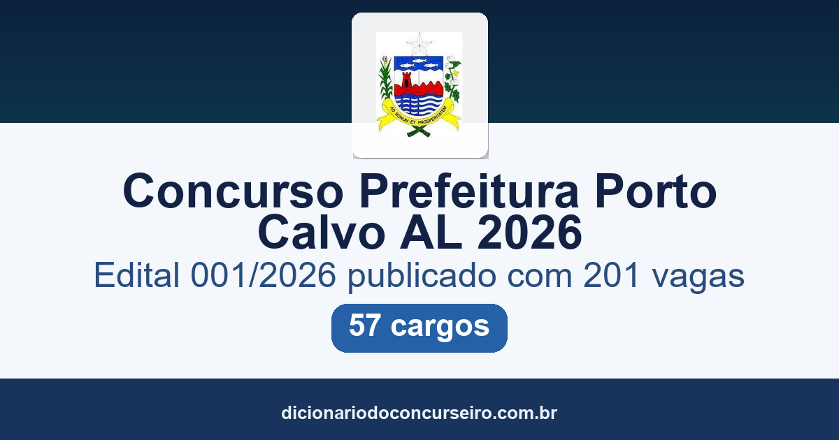 Concurso Prefeitura Porto Calvo AL 2026: edital 001/2026 publicado com 201 vagas