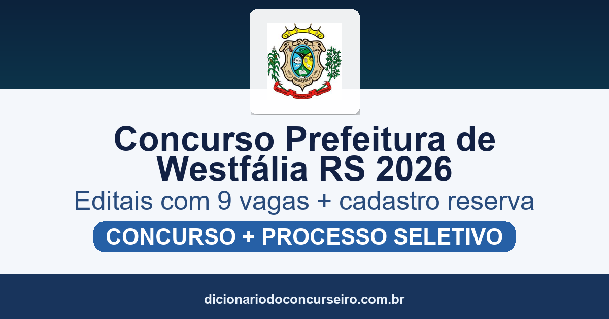 Concurso Prefeitura de Westfália RS 2026: editais publicados com 9 vagas e cadastro reserva