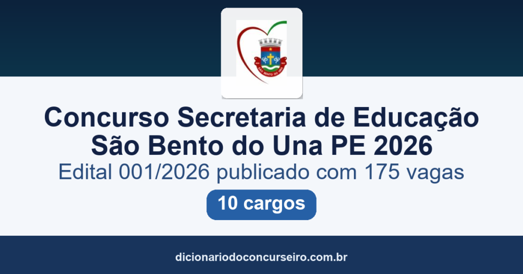 Concurso Secretaria de Educação São Bento do Una PE 2026: edital 001/2026 publicado com 175 vagas