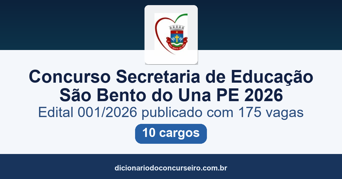 Concurso Secretaria de Educação São Bento do Una PE 2026: edital 001/2026 publicado com 175 vagas
