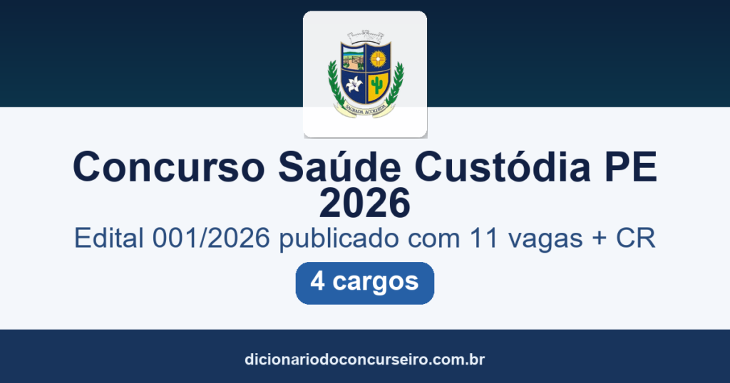 Concurso Secretaria de Saúde Custódia PE 2026: edital 001/2026 publicado com 11 vagas