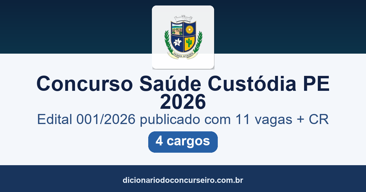 Concurso Secretaria de Saúde Custódia PE 2026: edital 001/2026 publicado com 11 vagas