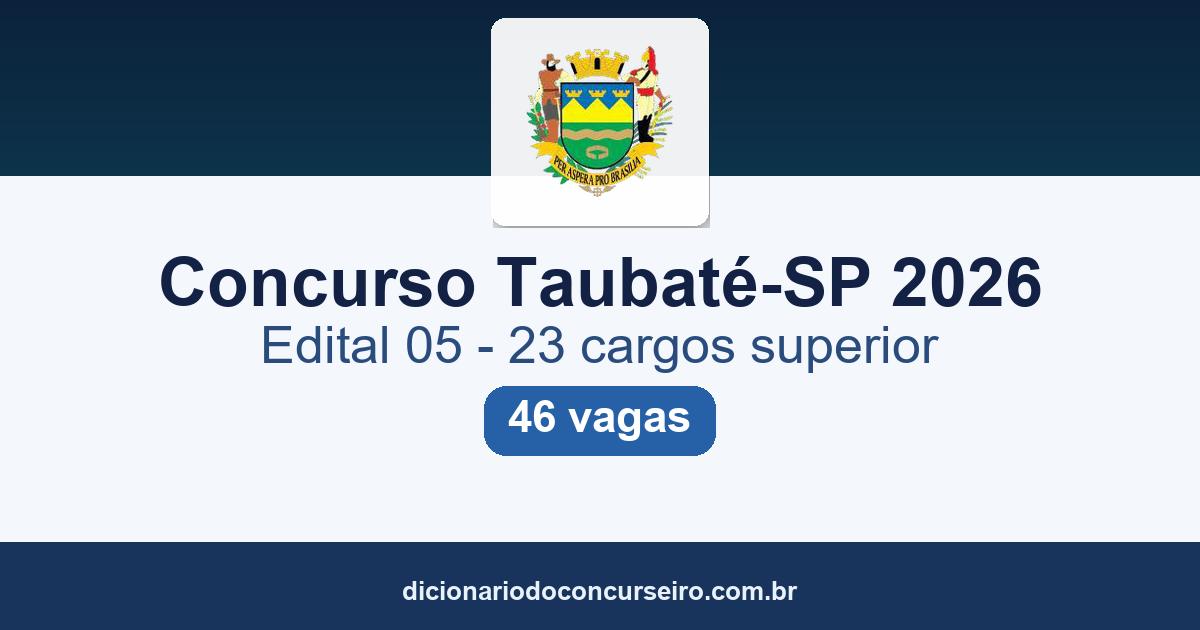 Concurso Taubaté-SP 2026: edital 01/2026 (Edital 05) publicado com 46 vagas em 23 cargos de nível superior