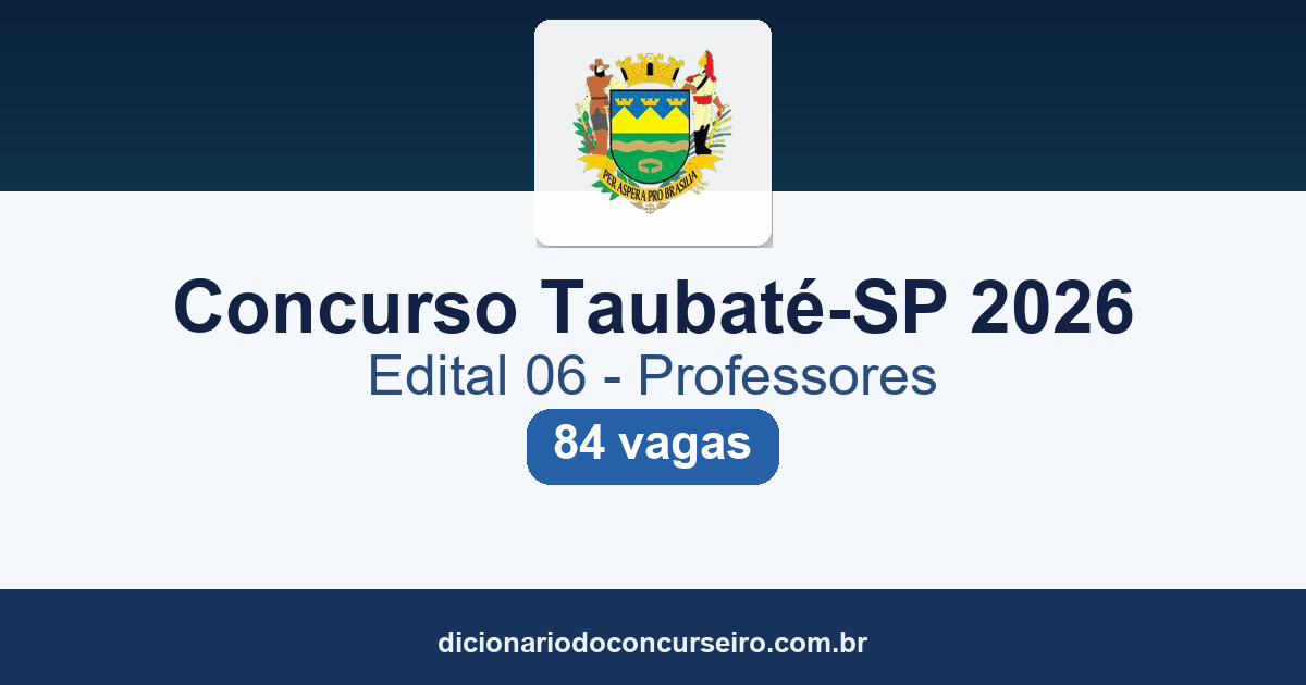 Concurso Taubaté-SP 2026: edital 01/2026 (Edital 06) publicado com 84 vagas para professores