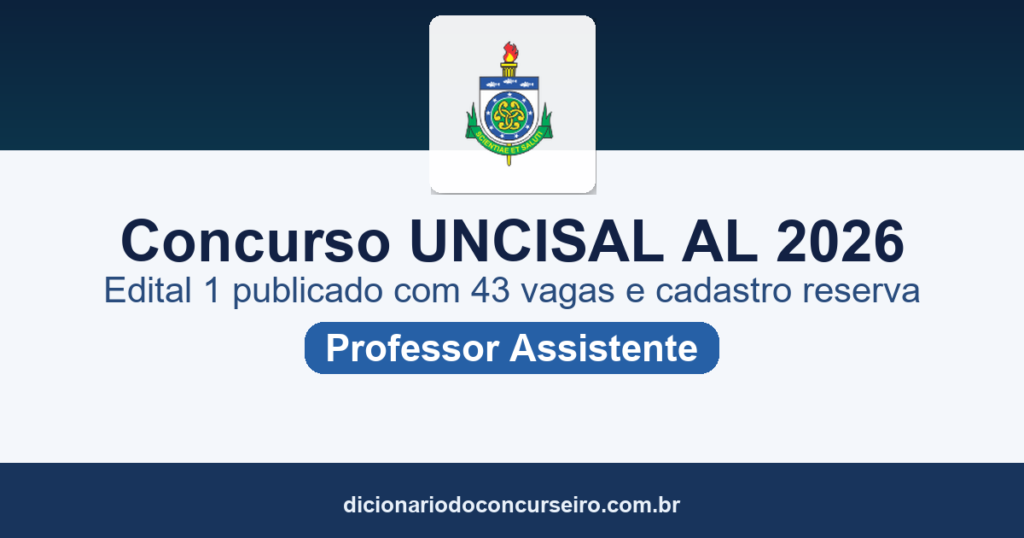 Concurso UNCISAL AL 2026: edital nº 1 publicado com 43 vagas para Professor Assistente em 34 áreas e cadastro reserva