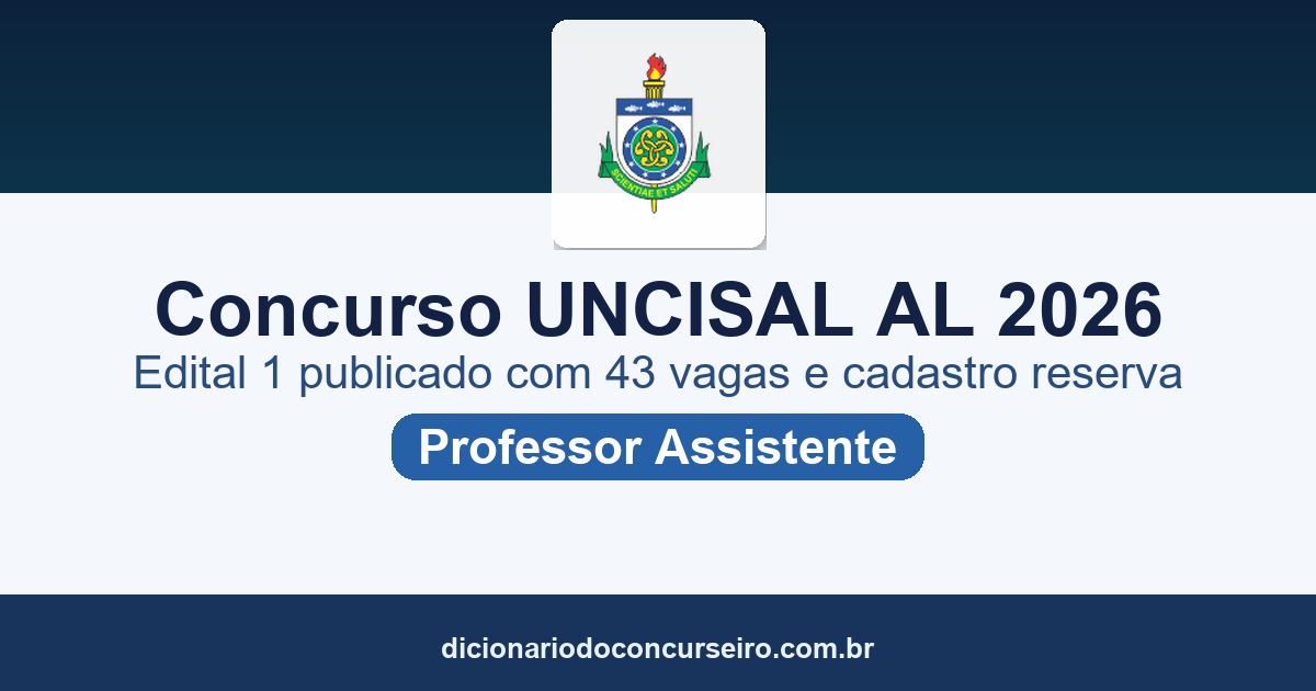 Concurso UNCISAL AL 2026: edital nº 1 publicado com 43 vagas para Professor Assistente em 34 áreas e cadastro reserva