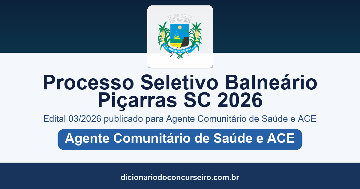 Processo Seletivo Balneário Piçarras SC 2026: edital 03/2026 publicado para Agente Comunitário de Saúde e Agente de Combate às Endemias