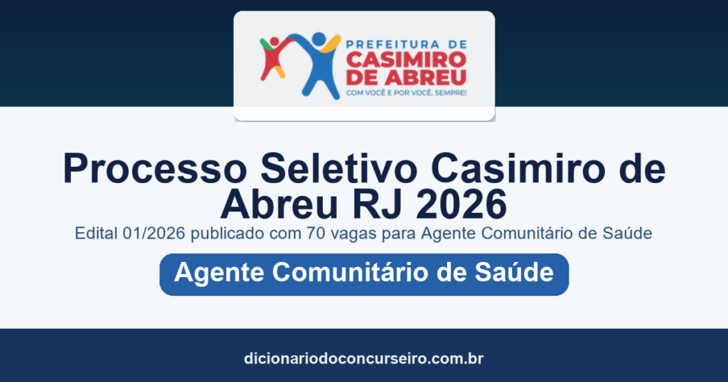 Processo Seletivo Casimiro de Abreu RJ 2026: edital 01/2026 publicado com 70 vagas para Agente Comunitário de Saúde
