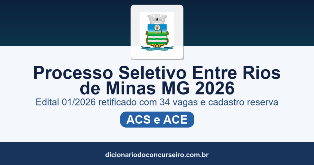 Processo Seletivo Município de Entre Rios de Minas MG 2026: edital 01/2026 retificado com 34 vagas para ACS e ACE