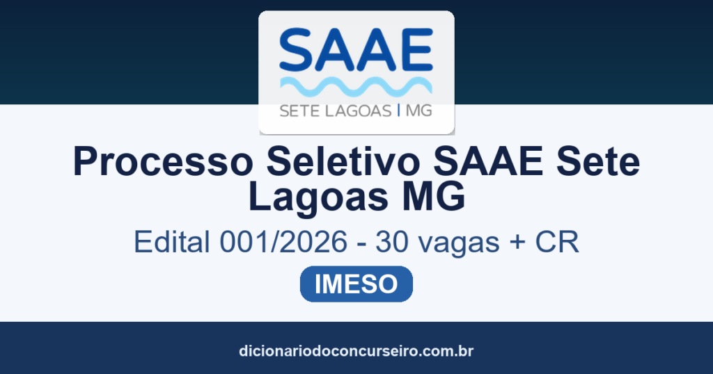 Processo Seletivo SAAE Sete Lagoas MG 2026: edital publicado com 30 vagas