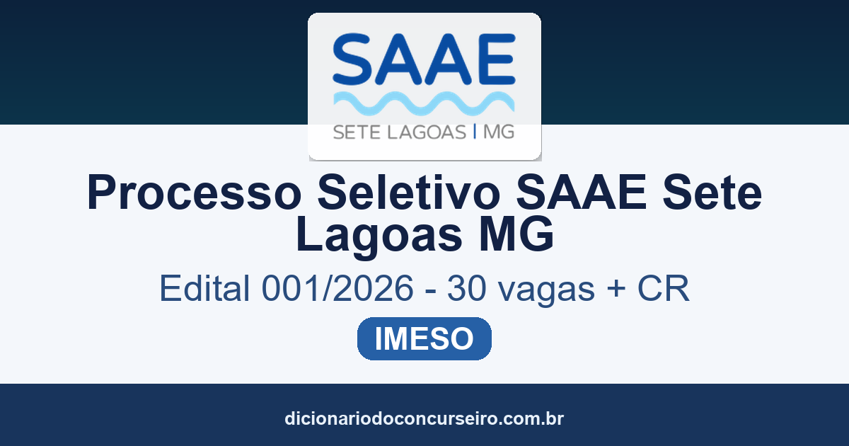 Processo Seletivo SAAE Sete Lagoas MG 2026: edital publicado com 30 vagas