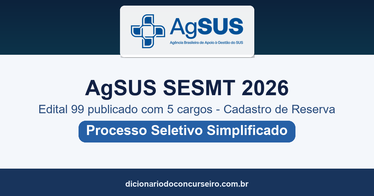 Processo Seletivo AgSUS SESMT 2026: edital publicado com 5 cargos para cadastro de reserva