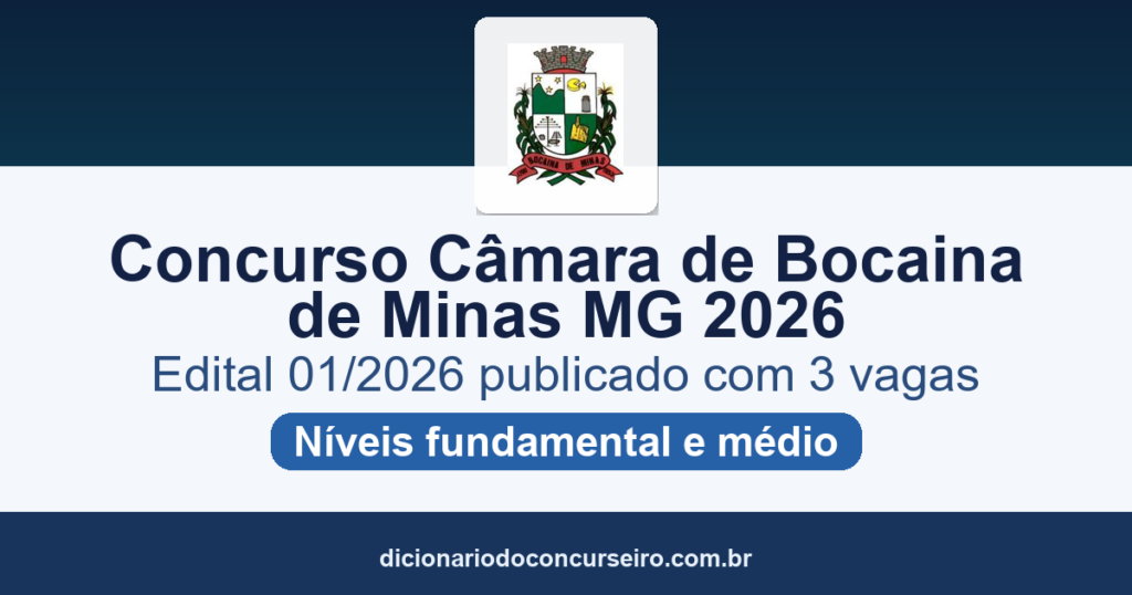 Concurso Câmara de Bocaina de Minas MG 2026: edital 01/2026 publicado com 3 vagas