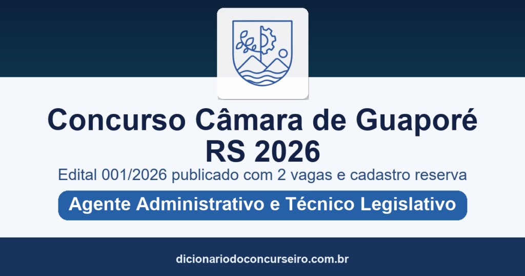 Concurso Câmara de Guaporé RS 2026: edital 001/2026 publicado com 2 vagas e cadastro reserva