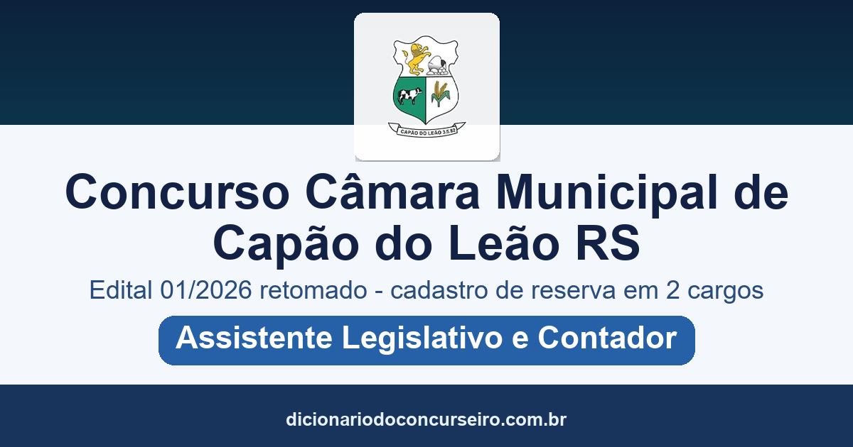 Concurso Câmara Municipal de Capão do Leão RS 2026: edital 01/2026 retomado com cadastro de reserva em 2 cargos