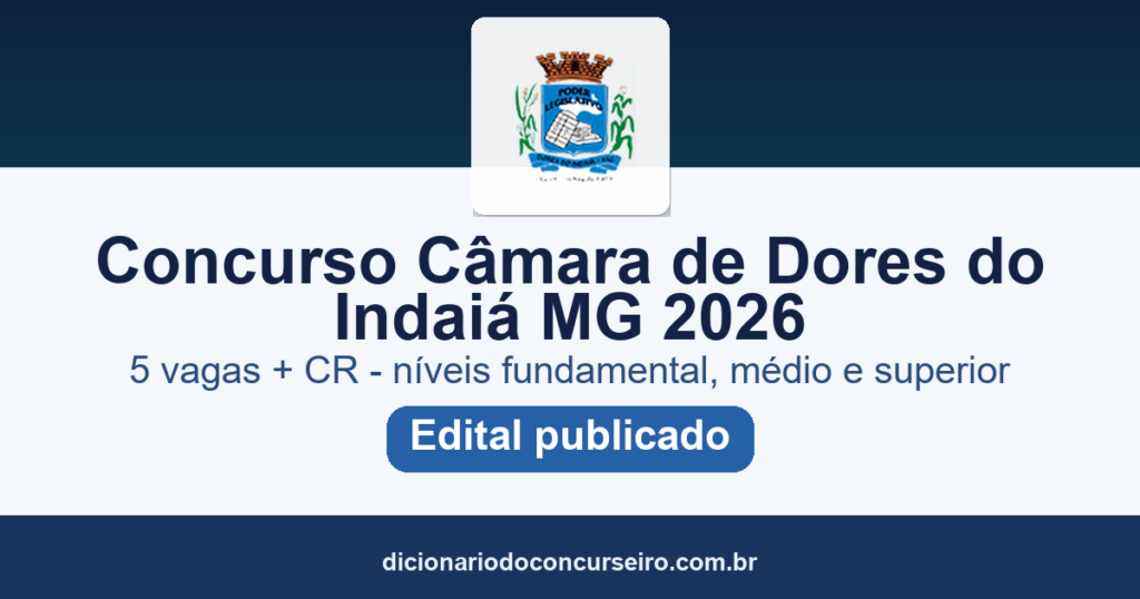Concurso Câmara Municipal de Dores do Indaiá MG 2026: edital 01/2026 publicado com 5 vagas e cadastro reserva
