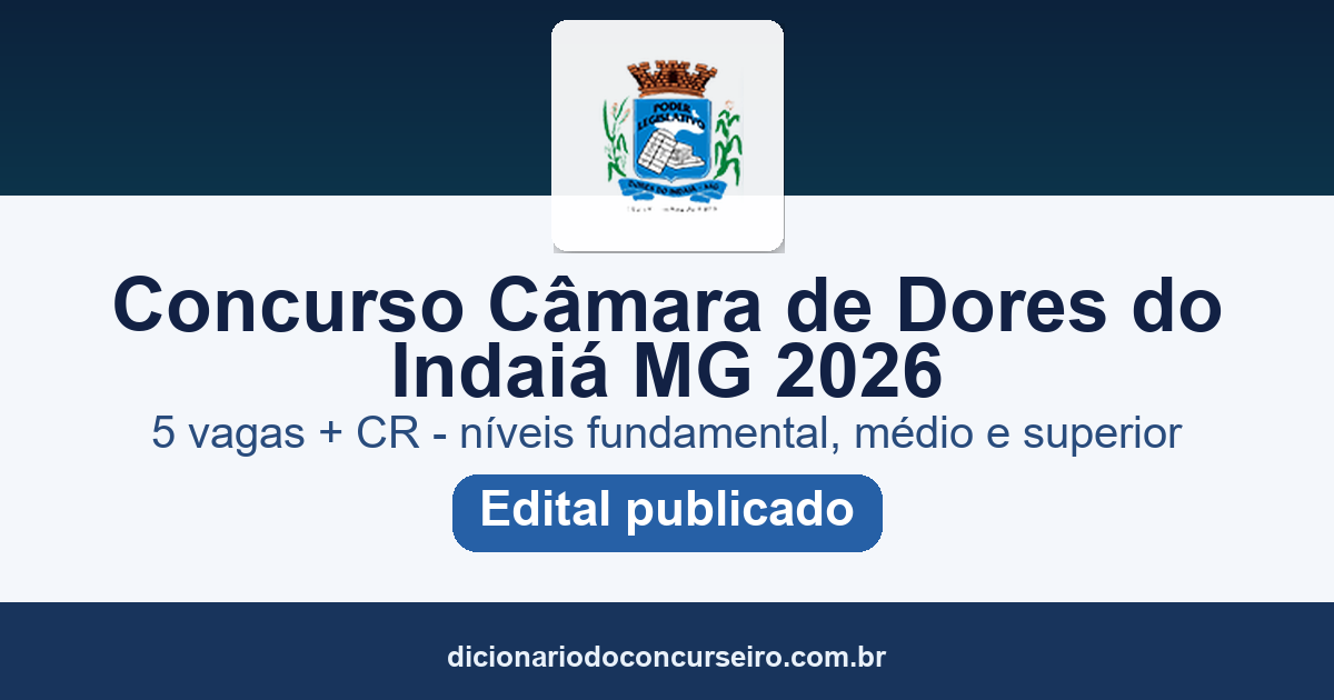 Concurso Câmara Municipal de Dores do Indaiá MG 2026: edital 01/2026 publicado com 5 vagas e cadastro reserva