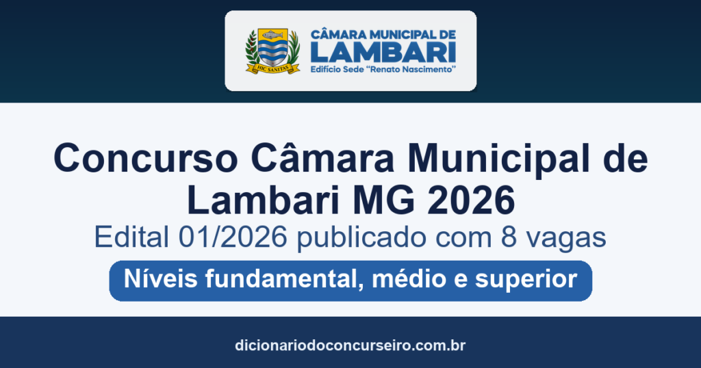 Concurso Câmara Municipal de Lambari MG 2026: edital 01/2026 publicado com 8 vagas