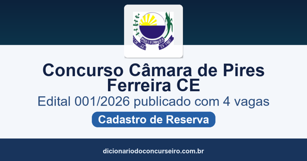 Concurso Câmara Municipal de Pires Ferreira CE 2026: edital 001/2026 publicado com 4 vagas e cadastro de reserva