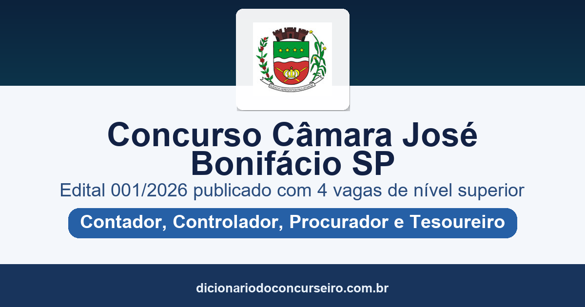 Concurso Câmara Municipal de José Bonifácio SP 2026: edital 001/2026 publicado com 4 vagas de nível superior