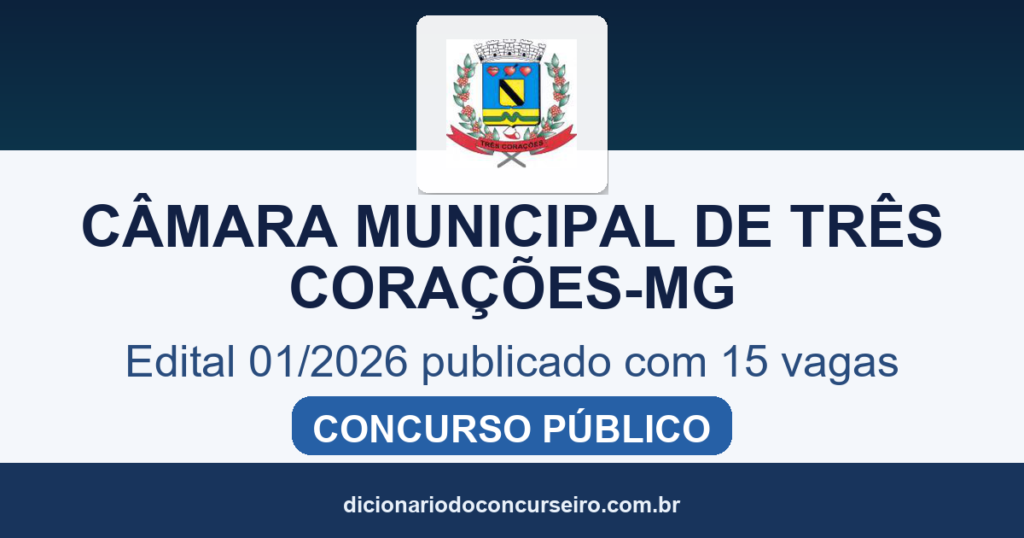 Concurso Câmara Municipal de Três Corações MG 2026: edital 01/2026 publicado com 15 vagas e cadastro de reserva