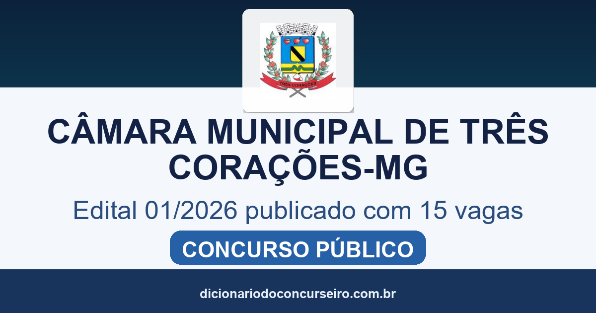 Concurso Câmara Municipal de Três Corações MG 2026: edital 01/2026 publicado com 15 vagas e cadastro de reserva