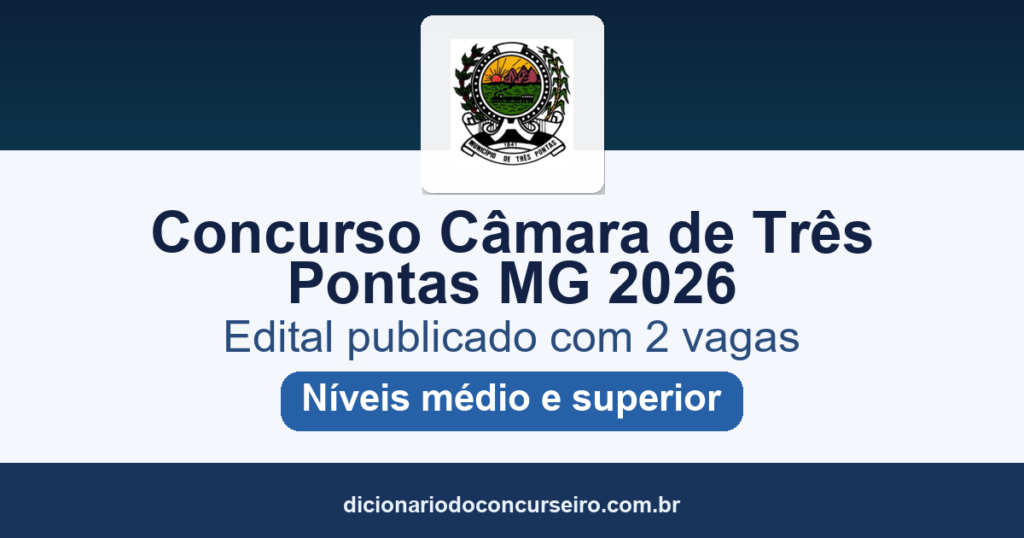 Concurso Câmara de Três Pontas MG 2026: edital publicado com 2 vagas
