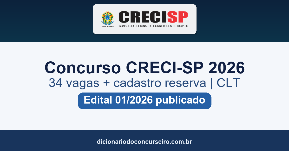 Concurso CRECI-SP 2026: edital publicado com 34 vagas e salários de até R$ 9.940,00