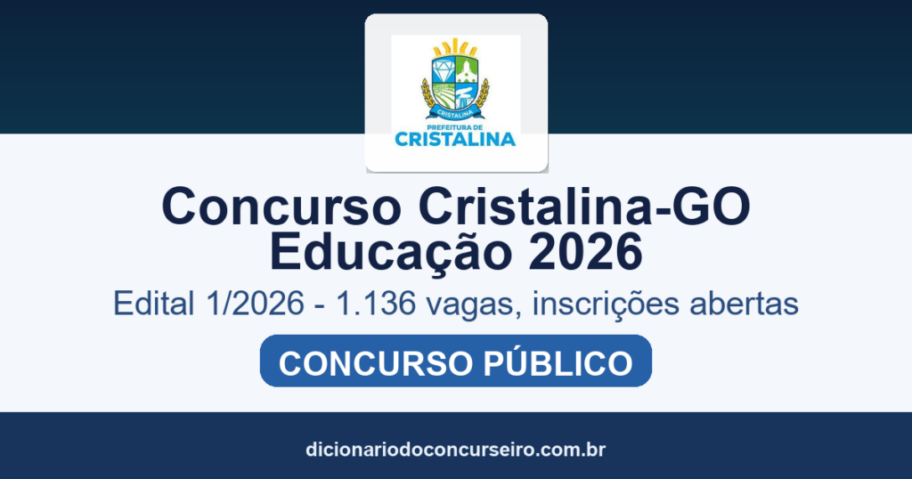 Concurso Cristalina-GO Educação 2026: edital 1/2026 publicado com 1.136 vagas, inscrições abertas