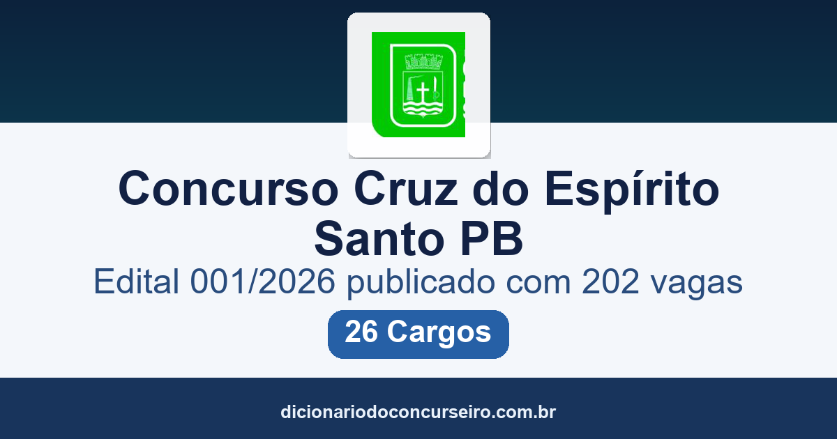 Concurso Cruz do Espírito Santo PB 2026: edital 001/2026 publicado com 202 vagas