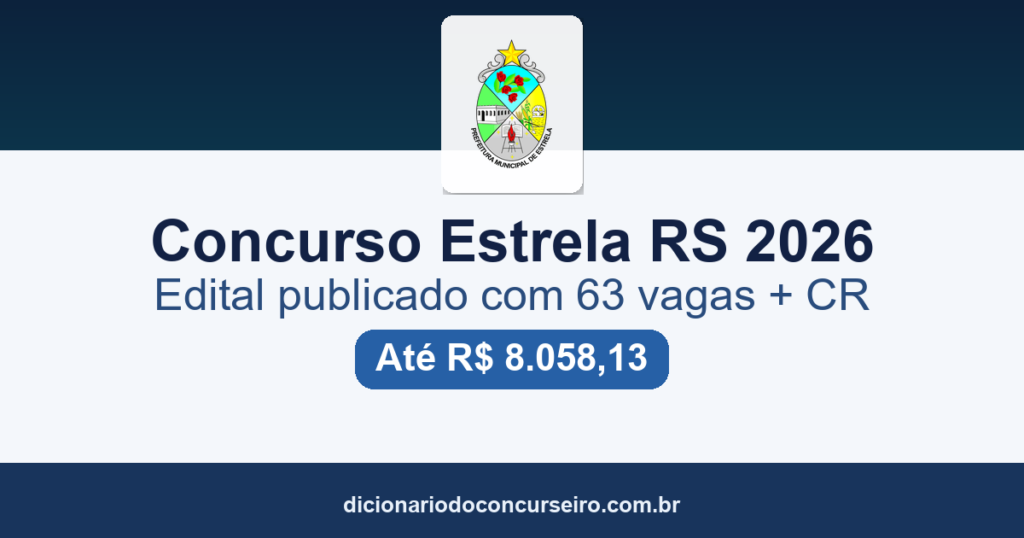 Concurso Estrela RS 2026: edital publicado com 63 vagas e cadastro de reserva