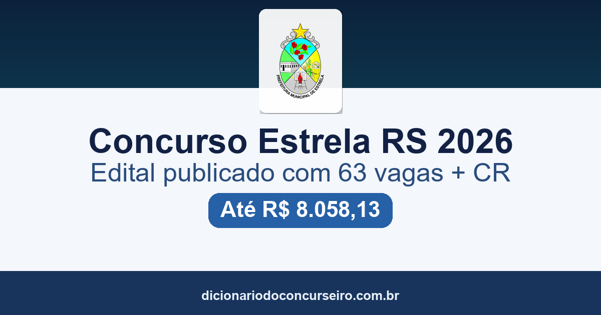 Concurso Estrela RS 2026: edital publicado com 63 vagas e cadastro de reserva