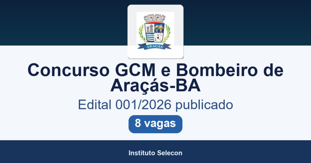 Concurso Guarda Municipal e Bombeiro de Araçás-BA 2026: edital publicado com 8 vagas