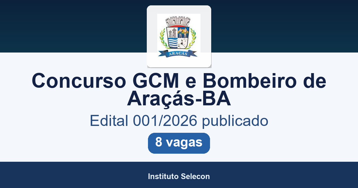 Concurso Guarda Municipal e Bombeiro de Araçás-BA 2026: edital publicado com 8 vagas